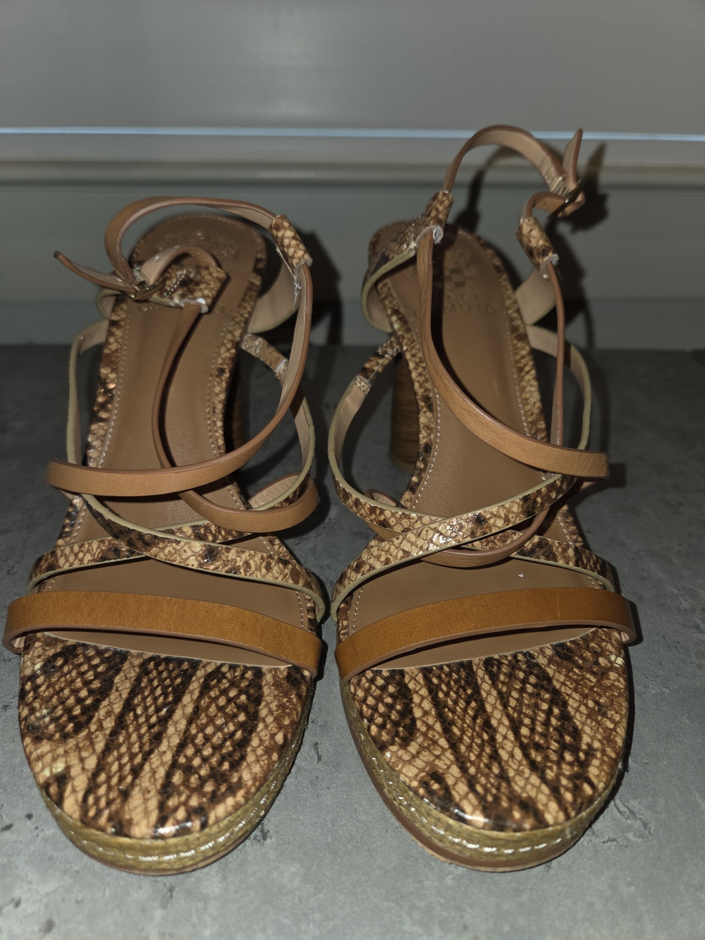 Vince Camuto Tan & Brown Snakeskin Strappy Heeled Sandals Size 7.5